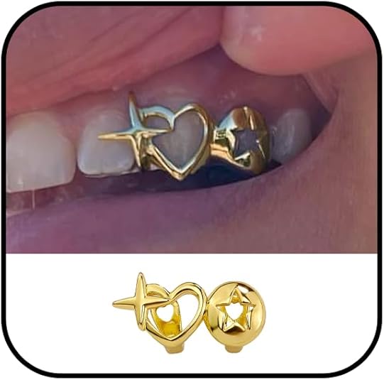 Teeth Grillz for Men/Women Cross Teeth caps with 18K Golden plated Tooth Jewelry Cross Heart Mouth Grills Hip Hop Outfits Body Jewelry Fashion Accessories for Men/Women
