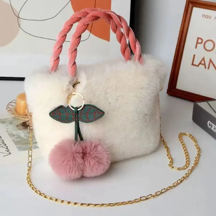 Fashion All Cute Cherry Girl Plush Tote Bag Female Plush Shoulder Handbag Bag Crossbody Winter Girls Canvas Single Autumn
