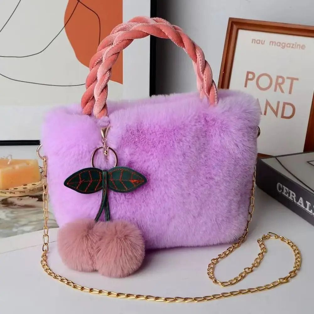 Fashion All Cute Cherry Girl Plush Tote Bag Female Plush Shoulder Handbag Bag Crossbody Winter Girls Canvas Single Autumn
