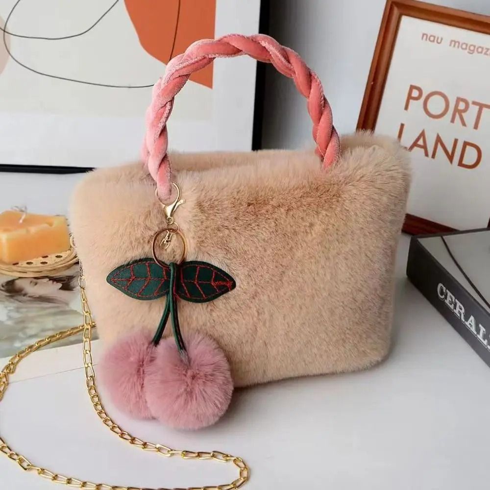 Fashion All Cute Cherry Girl Plush Tote Bag Female Plush Shoulder Handbag Bag Crossbody Winter Girls Canvas Single Autumn