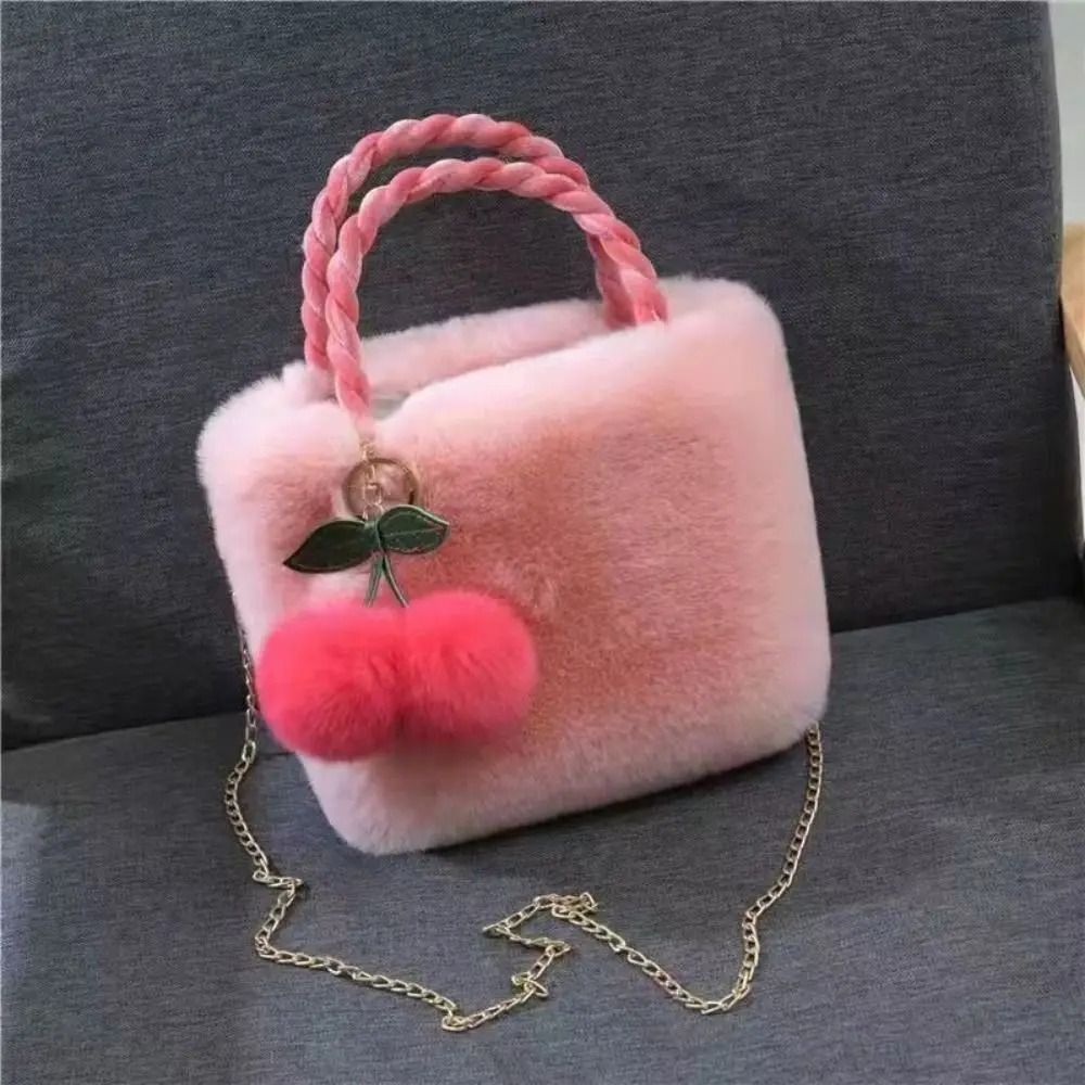 Fashion All Cute Cherry Girl Plush Tote Bag Female Plush Shoulder Handbag Bag Crossbody Winter Girls Canvas Single Autumn