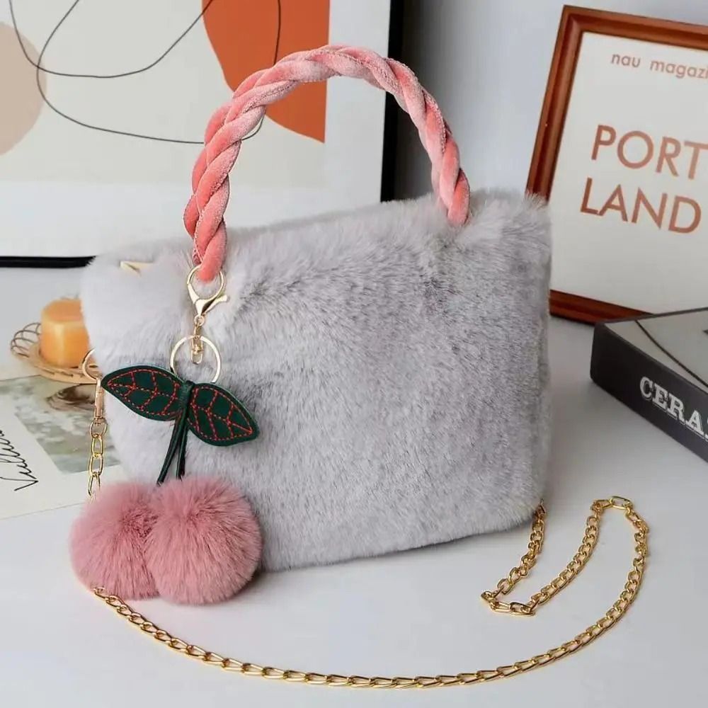 Fashion All Cute Cherry Girl Plush Tote Bag Female Plush Shoulder Handbag Bag Crossbody Winter Girls Canvas Single Autumn