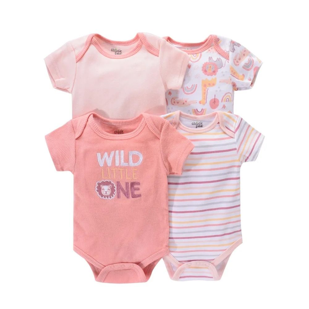 4PCS Newborn Infant Romper Short Sleeve Round Neck Cartoon Animal Flowers Print Bodysuit Onesies for Baby Boys and Girls Clothes