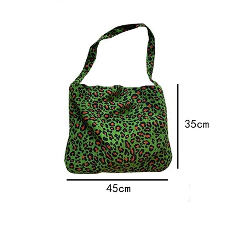 Women's Corduroy Shoulder Crossbody Bag Green Leopard Print Cloth Large Capacity Handbag Casual Travel Shopping Totes