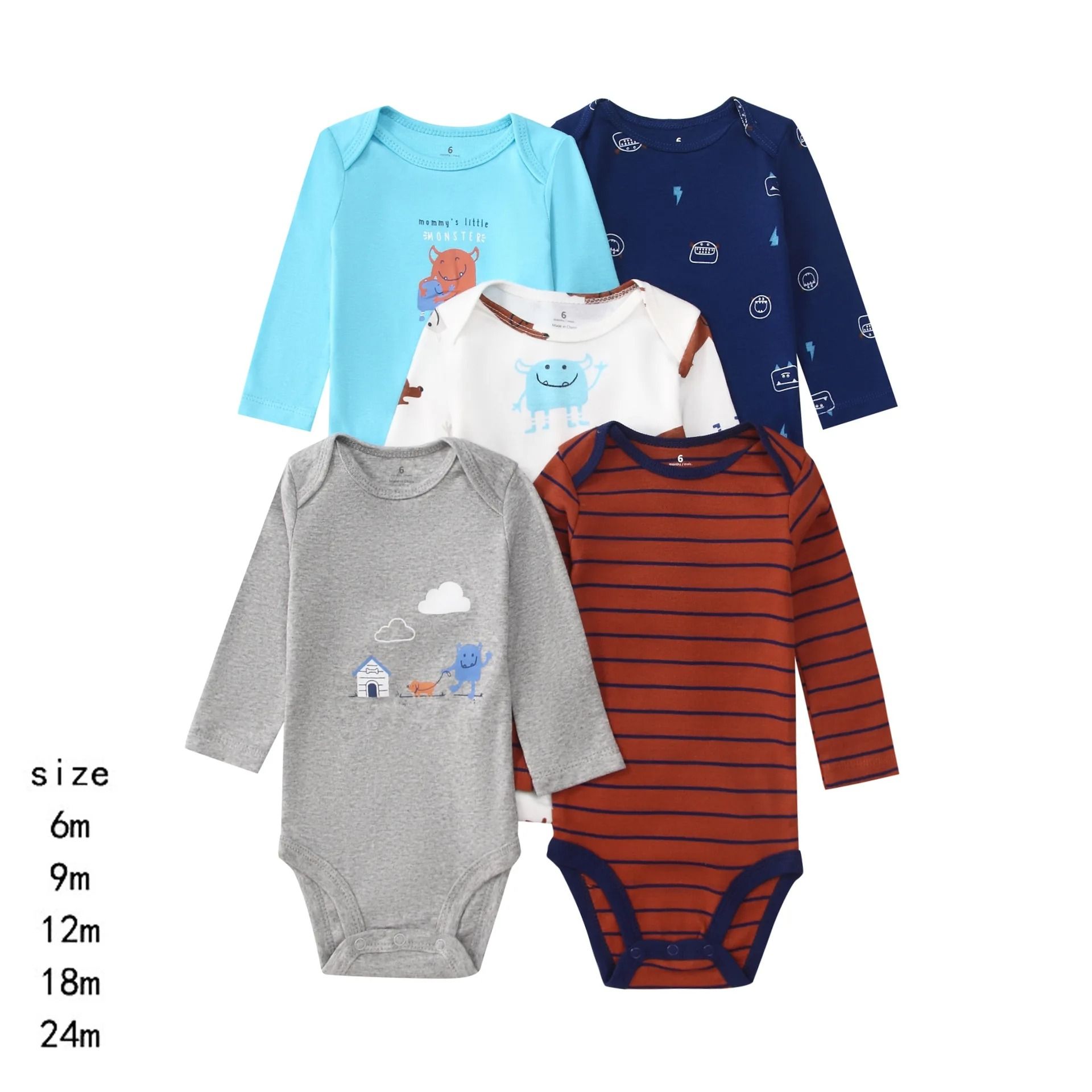 5pcs/lots Baby Boy Clothes Sets Newborn Cotton Romper Unisex Baby Girl Clothes Long Sleeve Cartoon Print Ropa Jumpsuits Clothes 6-24M