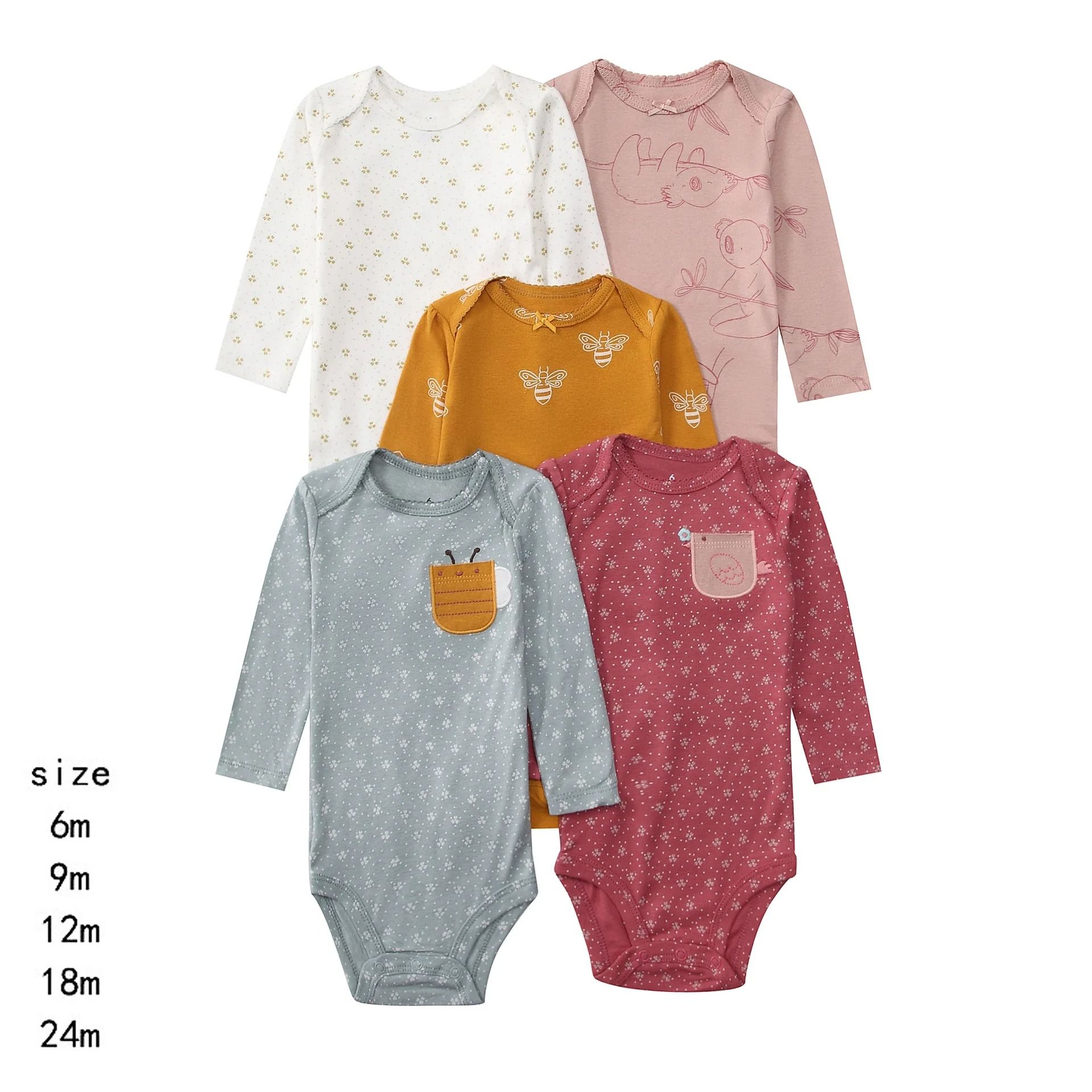 5pcs/lots Baby Boy Clothes Sets Newborn Cotton Romper Unisex Baby Girl Clothes Long Sleeve Cartoon Print Ropa Jumpsuits Clothes 6-24M