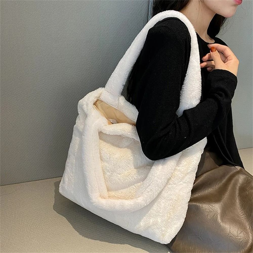 Women's Plush Underarm Bag Winter Lamb Faux Fur Shoulder Bag Solid Color Soft Fluffy Shopper Bags Large Capacity Casual Tote Bag Laptop Bag