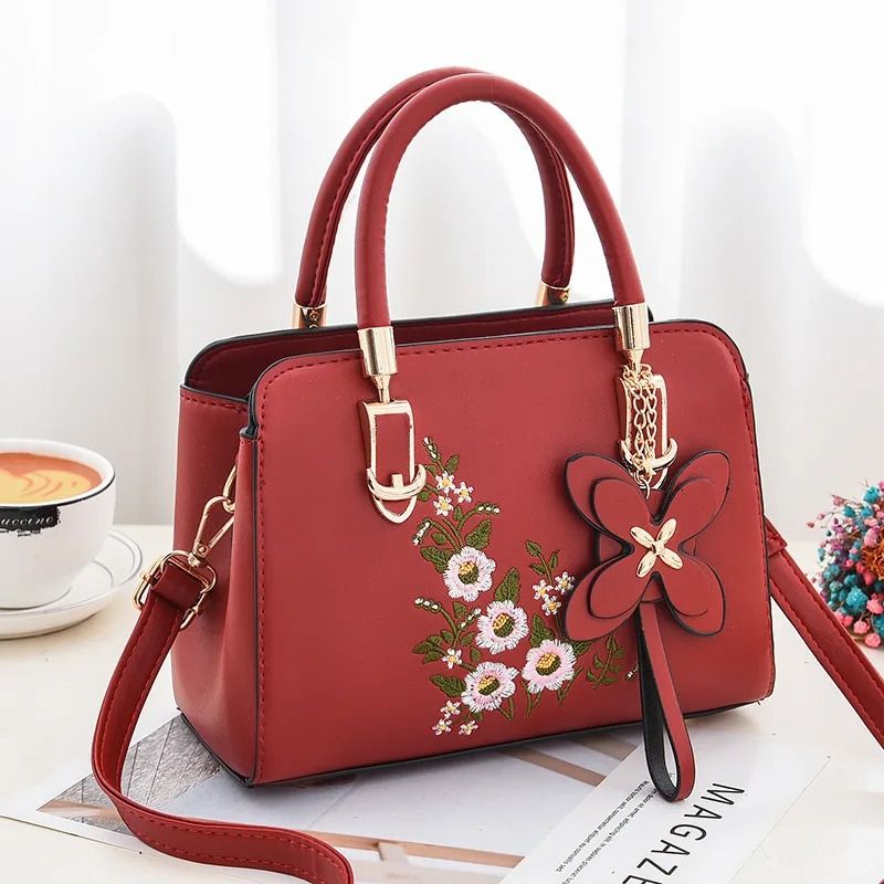 Luxury Embroidered Handle Bags for Women PU Leather Shoulder Crossbody Bag High Quality Messenger Handbag Middle-aged Mommy Bag
