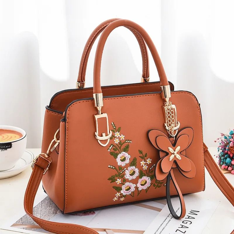Luxury Embroidered Handle Bags for Women PU Leather Shoulder Crossbody Bag High Quality Messenger Handbag Middle-aged Mommy Bag