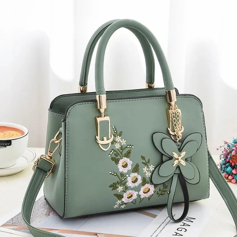 Luxury Embroidered Handle Bags for Women PU Leather Shoulder Crossbody Bag High Quality Messenger Handbag Middle-aged Mommy Bag