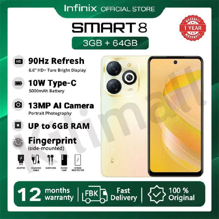 Infinix SMART 8 64GB + 6(3+3)GB 6.6" screen Phone 5000Mah battery capacity with Type-C charging 13MP dual AI camera fingerprint lock Smart phones