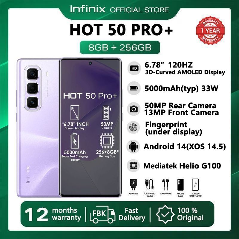 [New Year Promotion] Infinix Hot 50 Pro Plus 256GB+16(8+8)GB 6.7" 3D-Curved AMOLED 120Hz Screen Phone 5000mAh With 33W Type-C 50MP Camera MTK Helio G100 Fingerprint Lock Hot 50 Pro+ Smart Phone