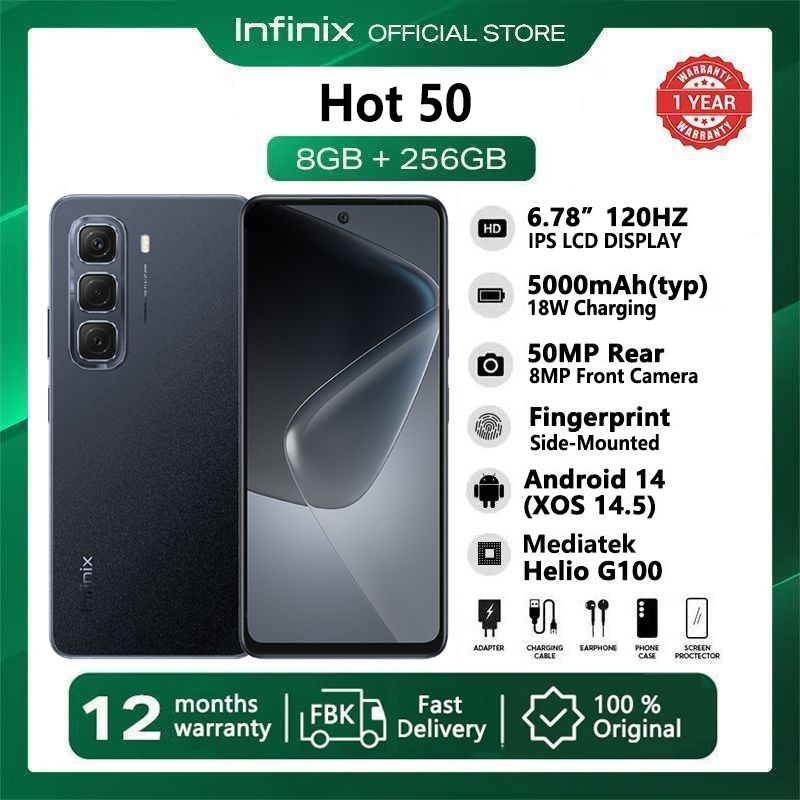 [New Year Promotion] Infinix Hot 50 256GB + 16(8+8)GB 6.78" Screen Brand New Phone Dual SIM 4G Network 5000mAh Battery with 18W Type-C Charging 50MP Camera Fingerprint Lock Android 14 Smart Phones Sleek Black,8GB+256GB