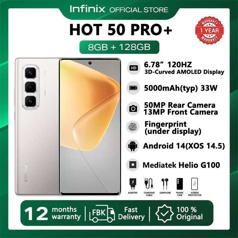 [New Year Promotion] Infinix Hot 50 Pro Plus 128GB+16(8+8)GB 6.7" 3D-Curved AMOLED 120Hz Screen Phone 5000mAh With 33W Type-C 50MP Camera MTK Helio G100 Fingerprint Lock Hot 50 Pro+ Smart Phone Titanium Grey,8GB+128GB