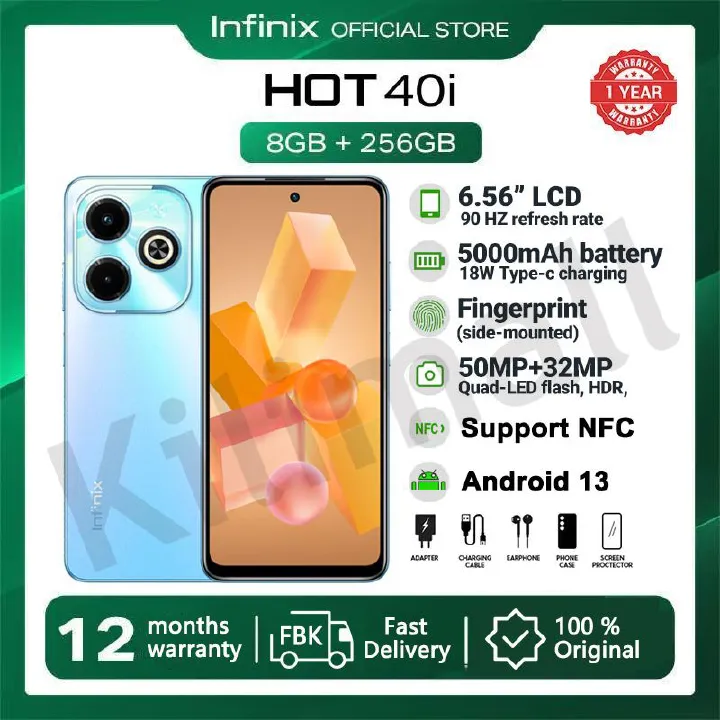 Infinix Hot 40i 256GB+16(8+8)GB 6.56" Screen Phone 5000 mAh Battery Capacity With 18W Type-C Charging 50MP Dual AI Camera Fingerprint Lock Smart Phones