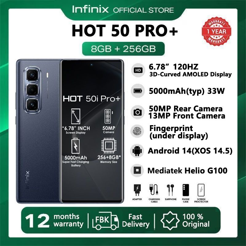 [New Year Promotion] Infinix Hot 50 Pro Plus 256GB+16(8+8)GB 6.7" 3D-Curved AMOLED 120Hz Screen Phone 5000mAh With 33W Type-C 50MP Camera MTK Helio G100 Fingerprint Lock Hot 50 Pro+ Smart Phone