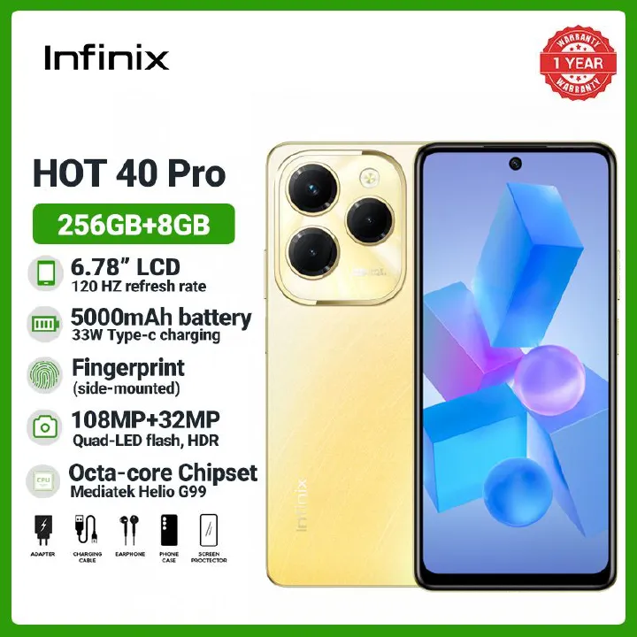Infinix HOT 40 PRO 256GB+16GB(8+8GB)RAM 6.78" Screen Dual SIM Brand New Phone 5000mAh 33W Battery 108MP Camera Fingerprint Lock Android 13 MTK Helio G99 Smart Phones