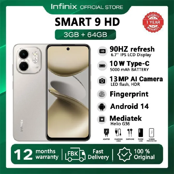 Infinix SMART 9 HD 6(3+3)GB RAM + 64GB 6.7" 90Hz Brand New Phone Dual SIM 4G 5000mAh Battery With Type-C Charging 13MP Camera G81 Fingerprint Lock Android 14 Smart Phones