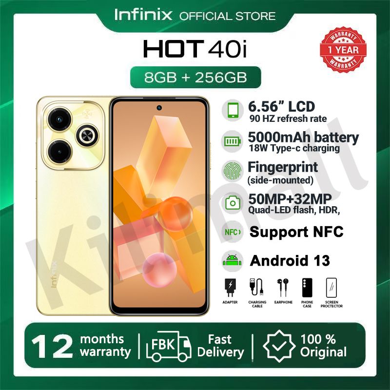 [New Year Promotion] Infinix Hot 40i 256GB+16(8+8)GB 6.56" Screen Phone 4G Network Dual SIM 5000 mAh Battery With 18W Type-C Charging 50MP +32MP Dual AI Camera Fingerprint Lock Smart Phones