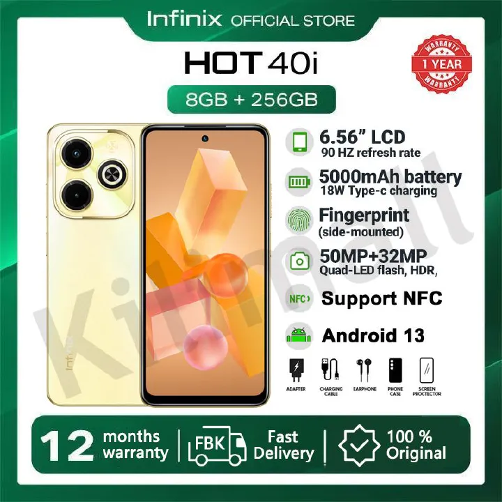 [New Year Promotion] Infinix Hot 40i 256GB+16(8+8)GB 6.56" Screen Phone 4G Network Dual SIM 5000 mAh Battery With 18W Type-C Charging 50MP +32MP Dual AI Camera Fingerprint Lock Smart Phones