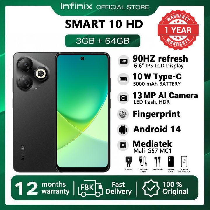 [Super Brand] Infinix Smart 10 HD 4(2+2)GB RAM + 64GB 6.7" 90Hz Brand New Phone Dual SIM 4G 5000mAh Battery With Type-C Charging 13MP Camera G81 Fingerprint Lock Android 14 Smart Phones