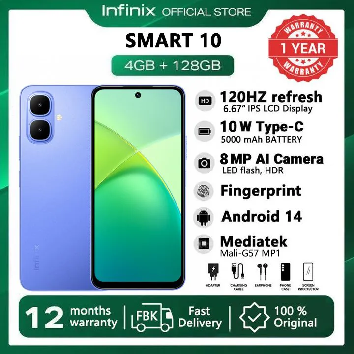 [New Arrivals] Infinix SMART 10 128GB + 8(4+4)GB 6.67" 120Hz Display  Dual SIM 4.5G Network 5000mAh Battery With Type-C 15W Charging 8MP Camera IP64 Fingerprint Lock Android 14 AI Smart Phones