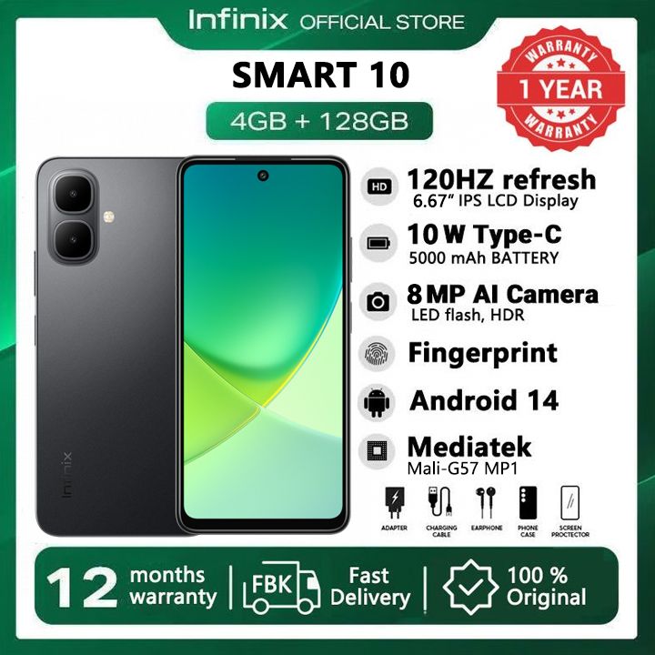 [New Arrivals] Infinix SMART 10 128GB + 8(4+4)GB 6.67" 120Hz Display  Dual SIM 4.5G Network 5000mAh Battery With Type-C 15W Charging 8MP Camera IP64 Fingerprint Lock Android 14 AI Smart Phones