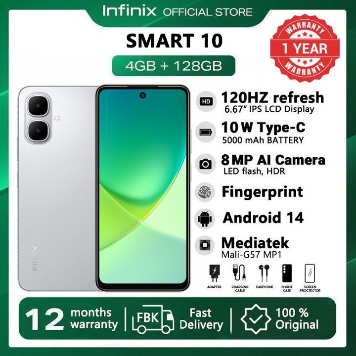 [New Arrivals] Infinix SMART 10 128GB + 8(4+4)GB 6.67" 120Hz Display  Dual SIM 4.5G Network 5000mAh Battery With Type-C 15W Charging 8MP Camera IP64 Fingerprint Lock Android 14 AI Smart Phones