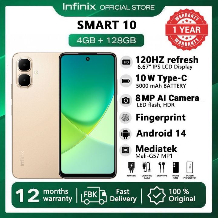 [New Arrivals] Infinix SMART 10 128GB + 8(4+4)GB 6.67" 120Hz Display  Dual SIM 4.5G Network 5000mAh Battery With Type-C 15W Charging 8MP Camera IP64 Fingerprint Lock Android 14 AI Smart Phones