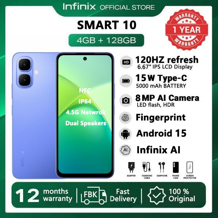 [New Arrivals] Infinix SMART 10 128GB + 8(4+4)GB 6.67" 120Hz Display Dual Speakers Dual SIM 4.5G Network 5000mAh Battery With  15W Charging NFC IP64 Fingerprint Lock Android 15 AI Smart Phones