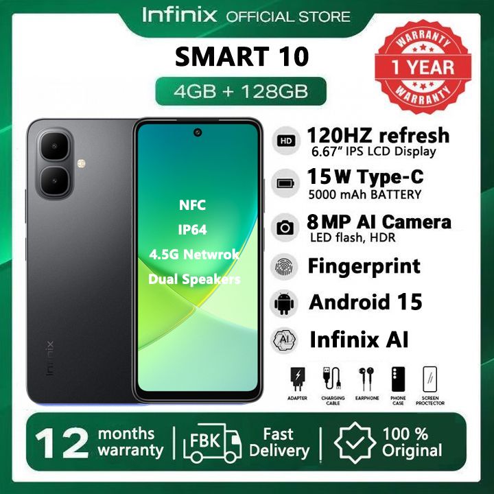 [New Arrivals] Infinix SMART 10 128GB + 8(4+4)GB 6.67" 120Hz Display Dual Speakers Dual SIM 4.5G Network 5000mAh Battery With  15W Charging NFC IP64 Fingerprint Lock Android 15 AI Smart Phones