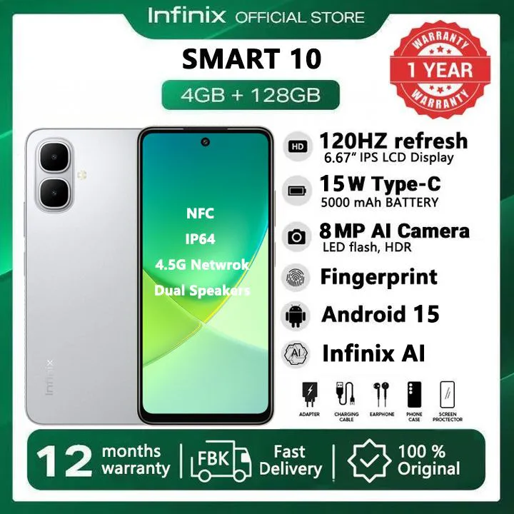 [New Arrivals] Infinix SMART 10 128GB + 8(4+4)GB 6.67" 120Hz Display Dual Speakers Dual SIM 4.5G Network 5000mAh Battery With  15W Charging NFC IP64 Fingerprint Lock Android 15 AI Smart Phones