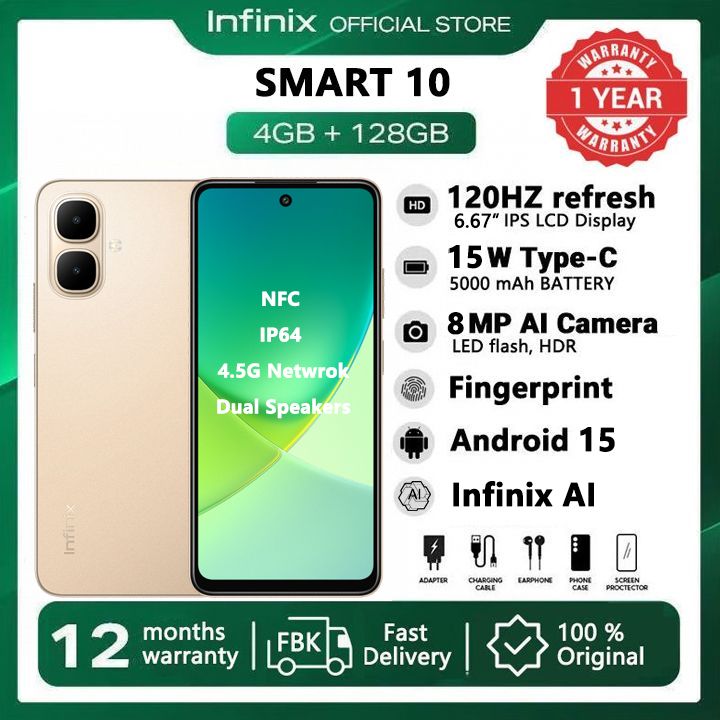 [New Arrivals] Infinix SMART 10 128GB + 8(4+4)GB 6.67" 120Hz Display Dual Speakers Dual SIM 4.5G Network 5000mAh Battery With  15W Charging NFC IP64 Fingerprint Lock Android 15 AI Smart Phones