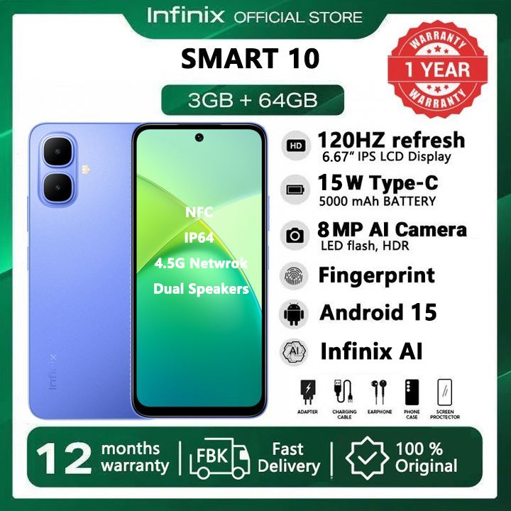 [New Arrivals] Infinix SMART 10 64GB+6(3+3)GB 6.67" 120Hz Display Dual Speakers Dual SIM 4.5G Network 5000mAh Battery With 15W Charging IP64 Fingerprint Lock Android 15 NFC Smart  AI Phones