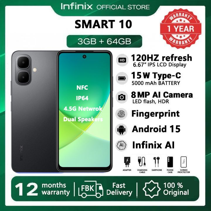[New Arrivals] Infinix SMART 10 64GB+6(3+3)GB 6.67" 120Hz Display Dual Speakers Dual SIM 4.5G Network 5000mAh Battery With 15W Charging IP64 Fingerprint Lock Android 15 NFC Smart  AI Phones