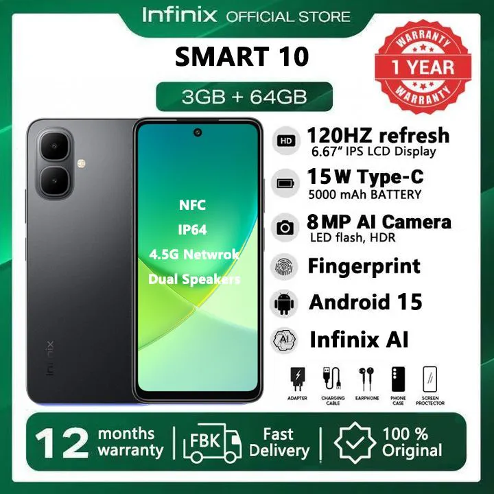 [New Arrivals] Infinix SMART 10 64GB+6(3+3)GB 6.67" 120Hz Display Dual Speakers Dual SIM 4.5G Network 5000mAh Battery With 15W Charging IP64 Fingerprint Lock Android 15 NFC Smart  AI Phones