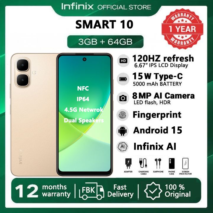 [New Arrivals] Infinix SMART 10 64GB+6(3+3)GB 6.67" 120Hz Display Dual Speakers Dual SIM 4.5G Network 5000mAh Battery With 15W Charging IP64 Fingerprint Lock Android 15 NFC Smart  AI Phones