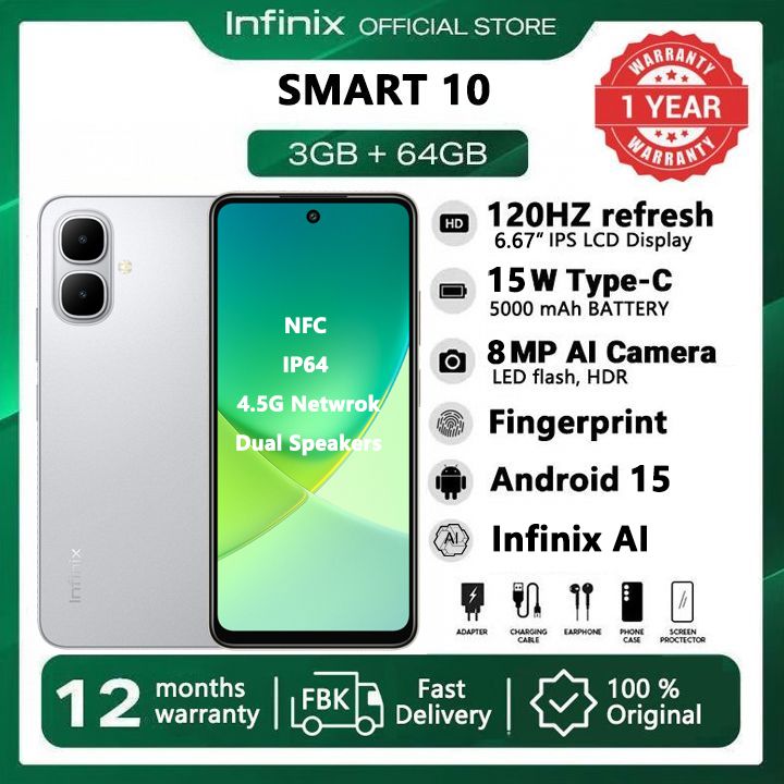 [New Arrivals] Infinix SMART 10 64GB+6(3+3)GB 6.67" 120Hz Display Dual Speakers Dual SIM 4.5G Network 5000mAh Battery With 15W Charging IP64 Fingerprint Lock Android 15 NFC Smart  AI Phones