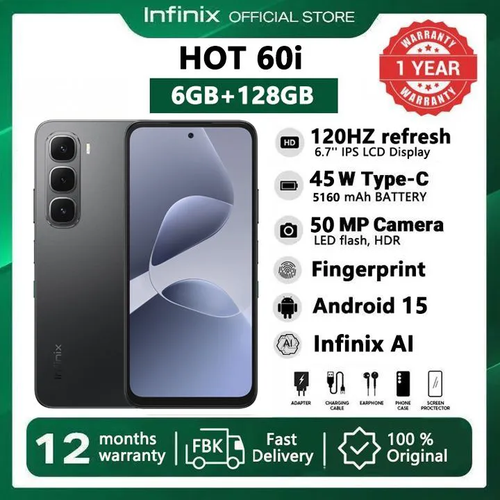 [Pre-sale] Infinix Hot 60i 128GB+12(6+6)GB 6.7" 120Hz Screen 4G Phone Dual SIM 5160mAh Battery 45W Charging 50MP Camera Fingerprint Lock Android 15 G81 Smart AI Phones