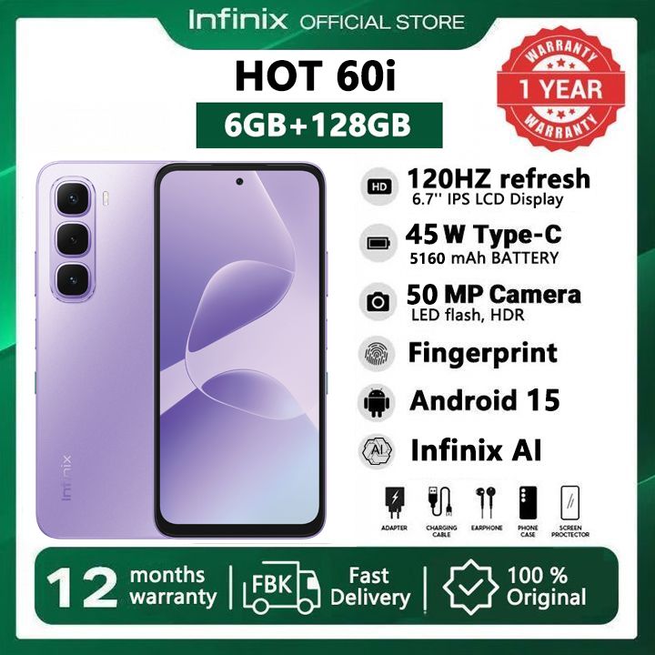[Pre-sale] Infinix Hot 60i 128GB+12(6+6)GB 6.7" 120Hz Screen 4G Phone Dual SIM 5160mAh Battery 45W Charging 50MP Camera Fingerprint Lock Android 15 G81 Smart AI Phones