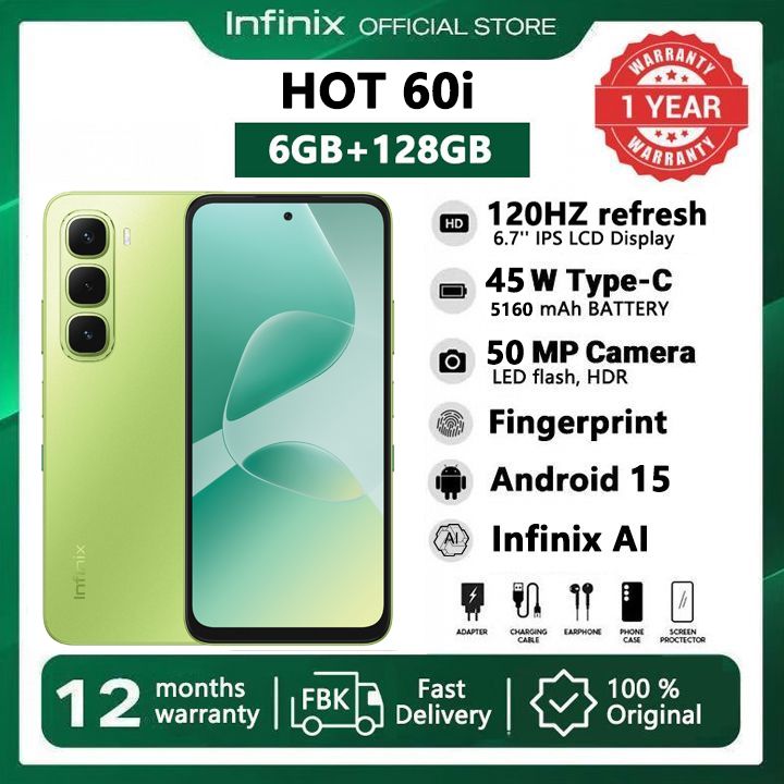 [Pre-sale] Infinix Hot 60i 128GB+12(6+6)GB 6.7" 120Hz Screen 4G Phone Dual SIM 5160mAh Battery 45W Charging 50MP Camera Fingerprint Lock Android 15 G81 Smart AI Phones
