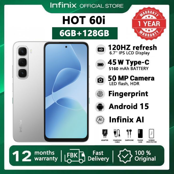 [Pre-sale] Infinix Hot 60i 128GB+12(6+6)GB 6.7" 120Hz Screen 4G Phone Dual SIM 5160mAh Battery 45W Charging 50MP Camera Fingerprint Lock Android 15 G81 Smart AI Phones