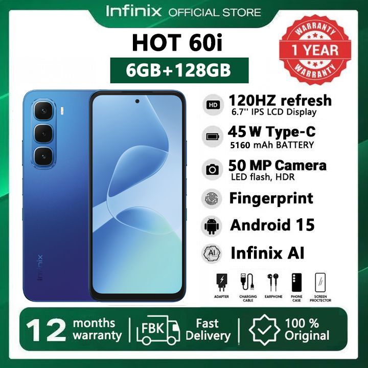 [Pre-sale] Infinix Hot 60i 128GB+12(6+6)GB 6.7" 120Hz Screen 4G Phone Dual SIM 5160mAh Battery 45W Charging 50MP Camera Fingerprint Lock Android 15 G81 Smart AI Phones