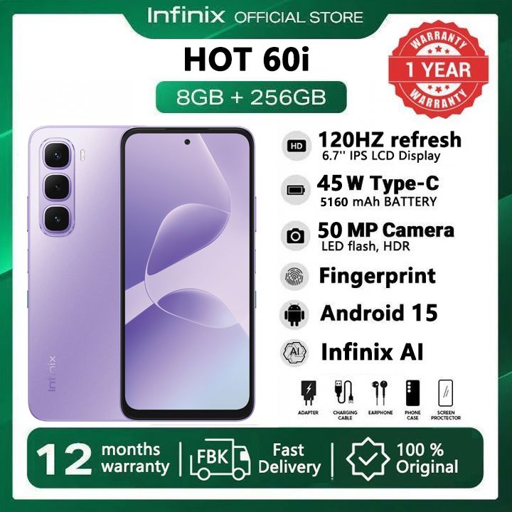 [Pre-sale] Infinix Hot 60i 256GB+16(8+8)GB 6.7" 120Hz Screen 4G Phone Dual SIM 5160mAh Battery 45W Charging 50MP Camera Fingerprint Lock Android 15 G81 Smart AI Phones