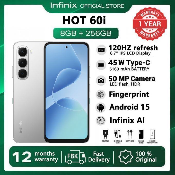 [Pre-sale] Infinix Hot 60i 256GB+16(8+8)GB 6.7" 120Hz Screen 4G Phone Dual SIM 5160mAh Battery 45W Charging 50MP Camera Fingerprint Lock Android 15 G81 Smart AI Phones