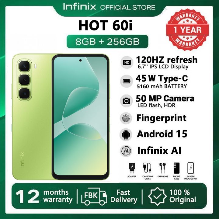 [Pre-sale] Infinix Hot 60i 256GB+16(8+8)GB 6.7" 120Hz Screen 4G Phone Dual SIM 5160mAh Battery 45W Charging 50MP Camera Fingerprint Lock Android 15 G81 Smart AI Phones
