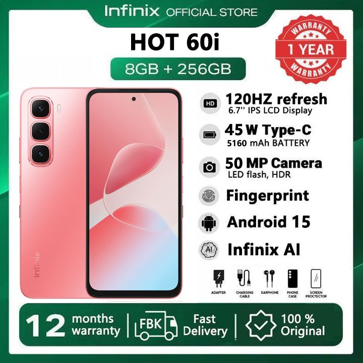 [Pre-sale] Infinix Hot 60i 256GB+16(8+8)GB 6.7" 120Hz Screen 4G Phone Dual SIM 5160mAh Battery 45W Charging 50MP Camera Fingerprint Lock Android 15 G81 Smart AI Phones