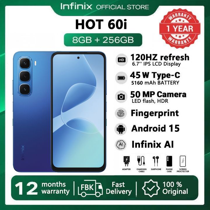 [Pre-sale] Infinix Hot 60i 256GB+16(8+8)GB 6.7" 120Hz Screen 4G Phone Dual SIM 5160mAh Battery 45W Charging 50MP Camera Fingerprint Lock Android 15 G81 Smart AI Phones