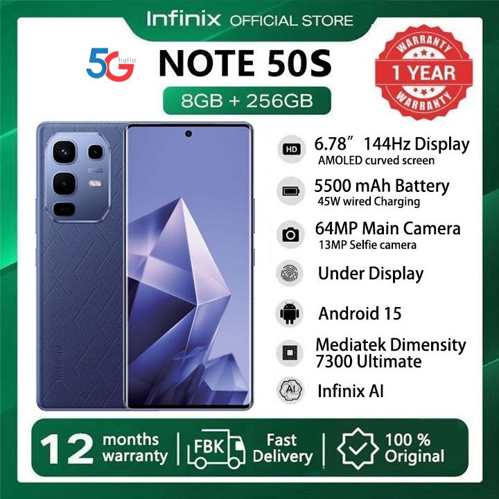 [New Arrivals] Infinix Note 50S 5G Network 256GB+16GB (8+8)GB RAM 6.78" 144Hz Screen Dual SIM Phone 63MP Camera 5500mAh Battery 45W charging Android 15 MediaTek Dimensity 7300 Ultimate Smart AI Phones
