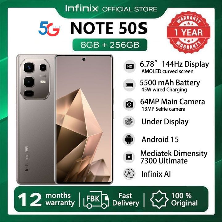 [New Arrivals] Infinix Note 50S 5G Network 256GB+16GB (8+8)GB RAM 6.78" 144Hz Screen Dual SIM Phone 63MP Camera 5500mAh Battery 45W charging Android 15 MediaTek Dimensity 7300 Ultimate Smart AI Phones
